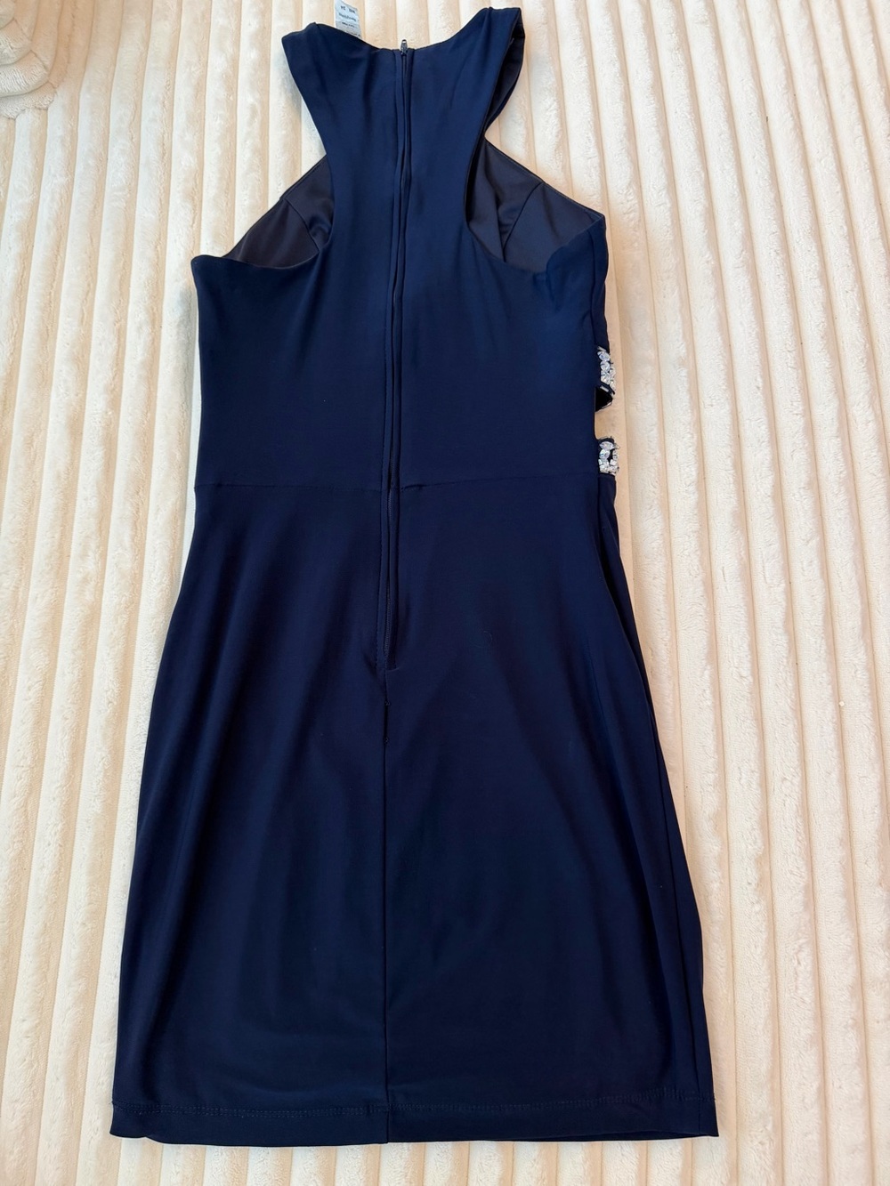B Darlin Navy Halter Dress with Iridescent Jeweled Cut Out Waist. Size 3/4 - Picture 3 of 6